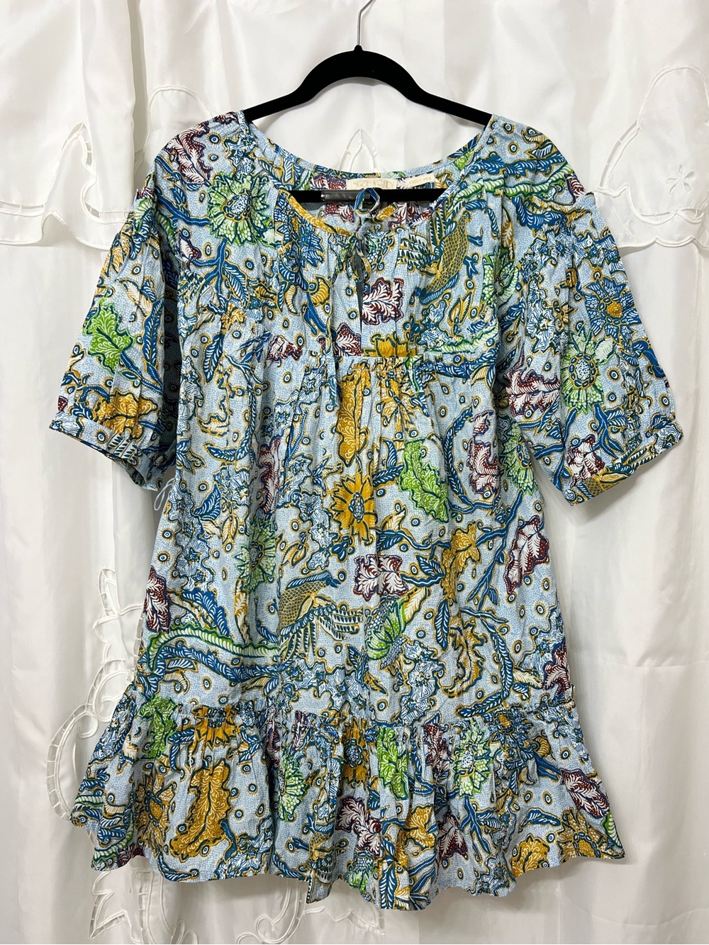 Suzie Kondi Jasmine Mini Dress XS Blue Tropical Cotton Ruffle Hem Made in India